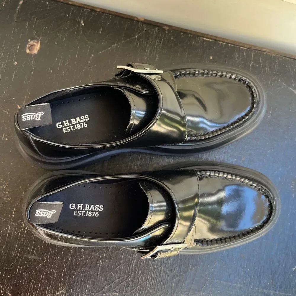 G.H. Bass Ella Platform Derby Loafers 9.5 Black Leather Chunky Lug Sole